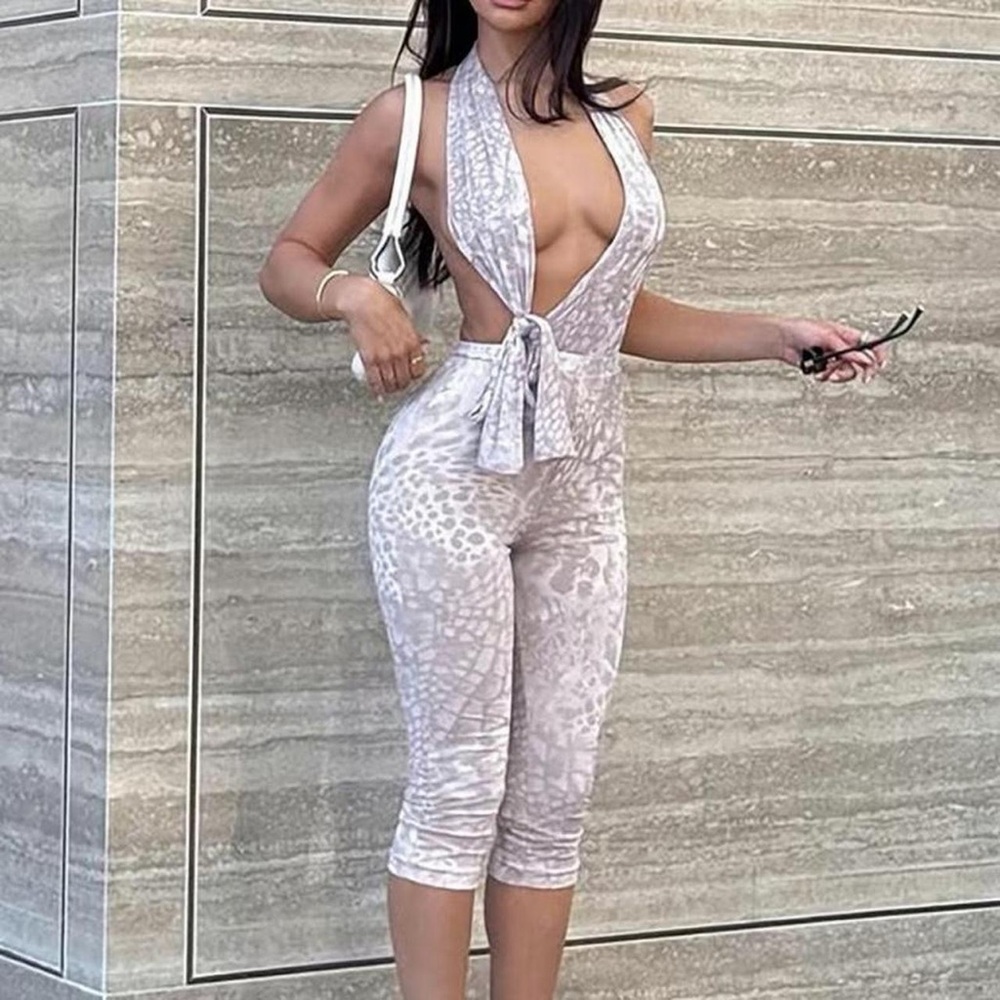 Leopard print capri  jumpsuit with tie front detail